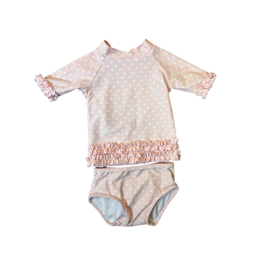 Ruffle Butts Swim Suit Girls 6-12 Months Pink Polka Dots Rash Guard 2 Piece